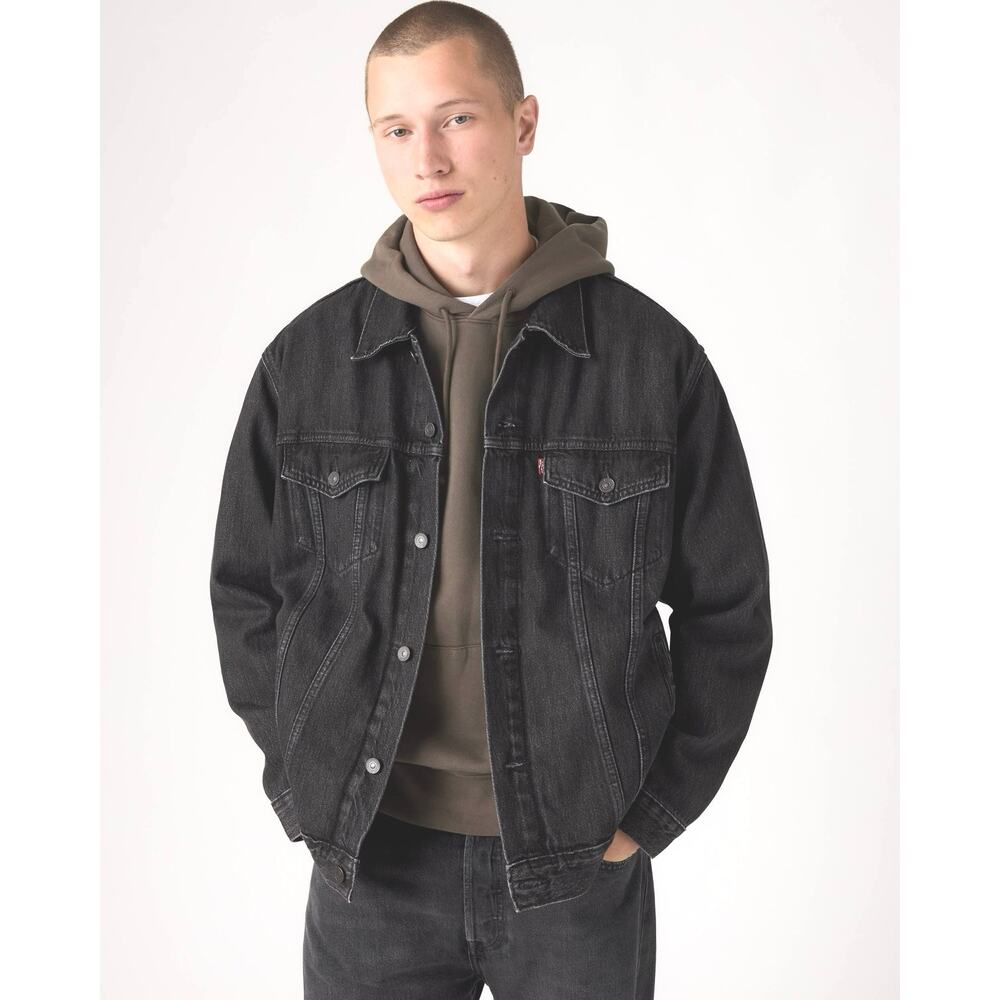 Levis Relaxed Fit Trucker Jean Jacket Washed Black Denim Distressed Mens XL